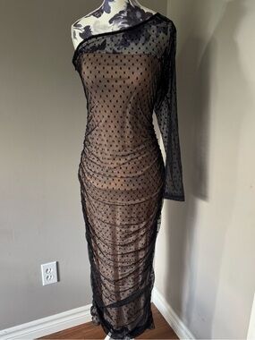 Double Crazy Sheer One-Shoulder Black Polka Dot Dress